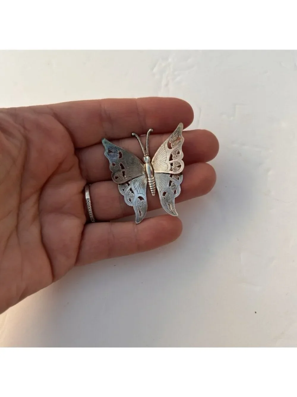 Vintage Silverplated Ornate Filligree Butterfly Brooch Pin Boho Fairy Magical